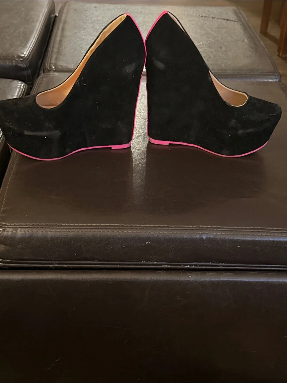 Shiekh Black Suede Wedge Pumps with Hot Pink Trim